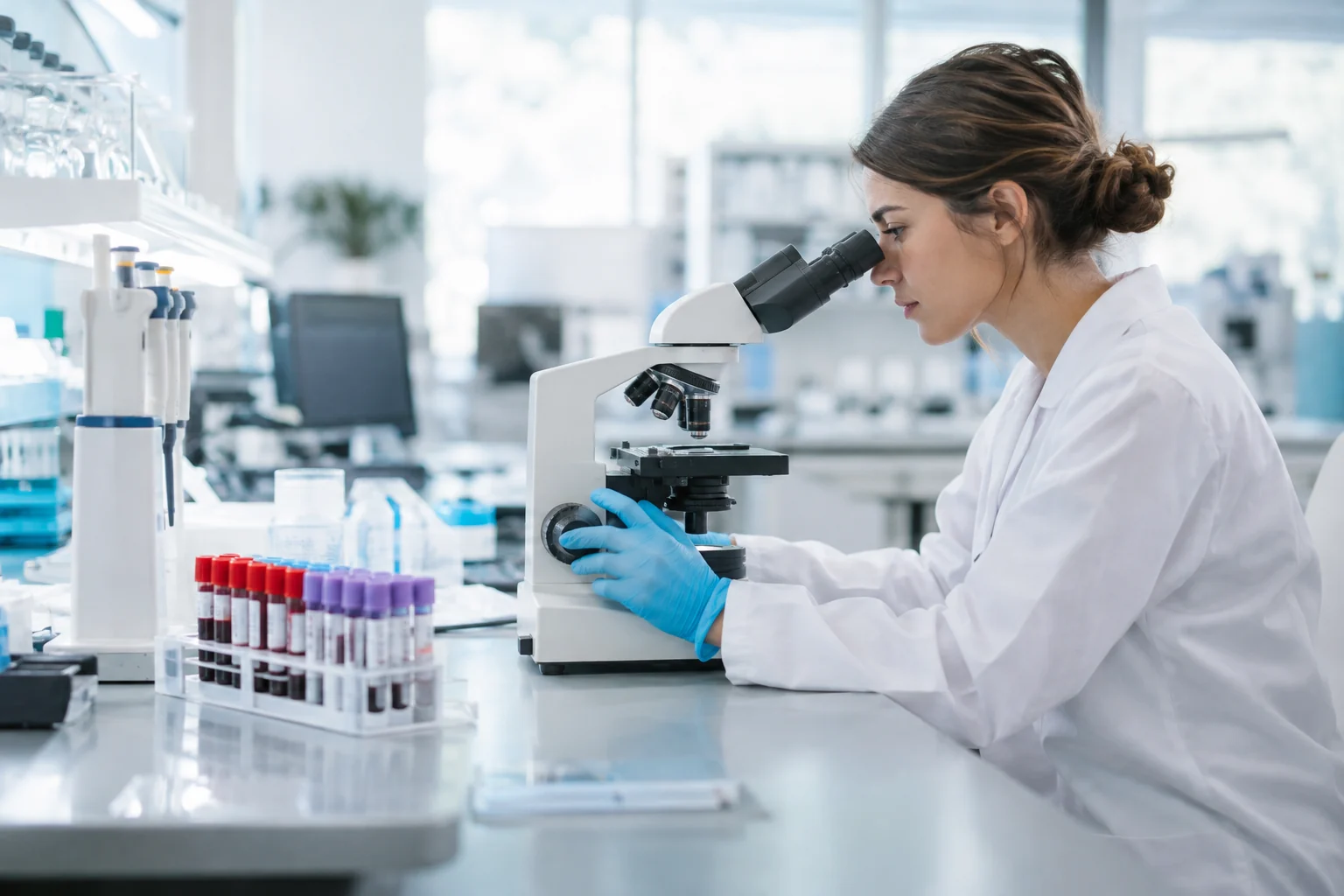Operatrice di laboratorio al microscopio